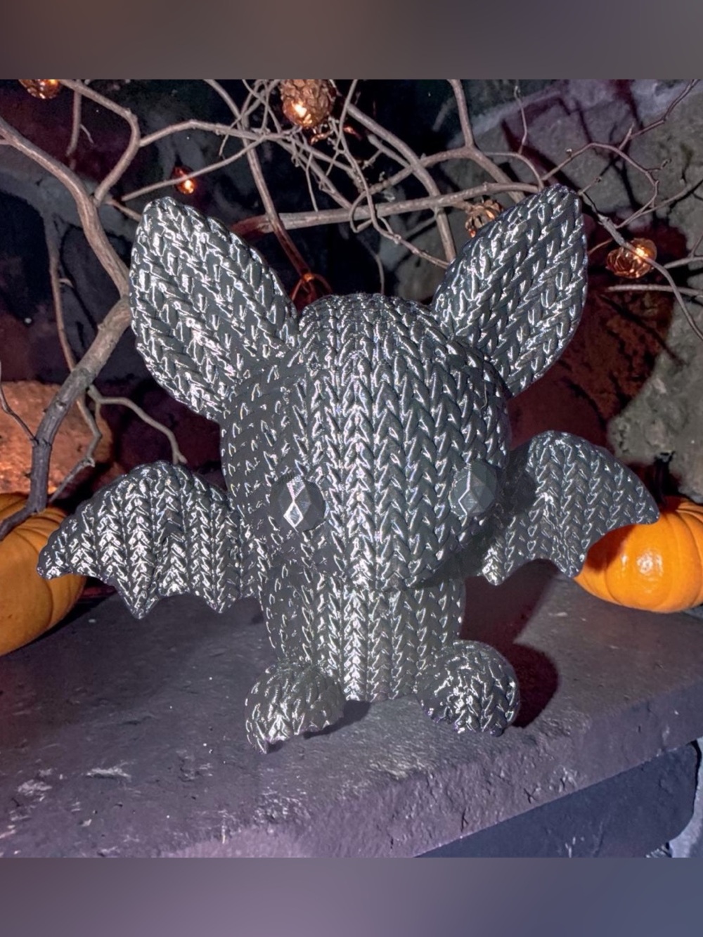 Stitchula the 3D-Printed Faux Crochet Bat Figurine | Cozy Goth Halloween Desk